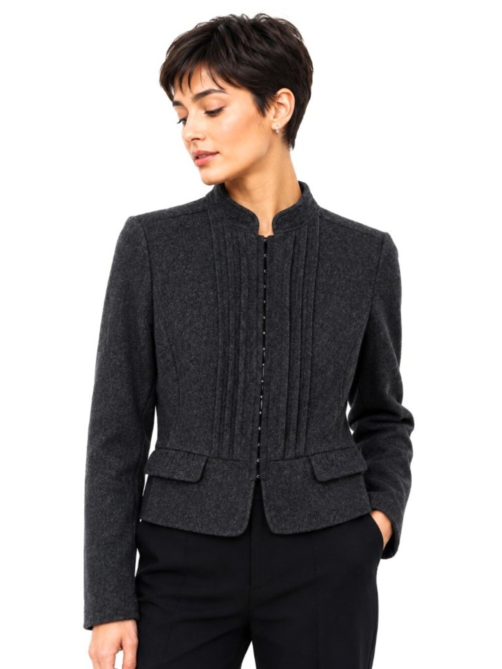 Hinge Charcoal Grey Pleat Front Peplum Wool Jacket